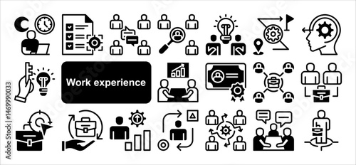 Work experience icon collection set. Overtime, Team communication, Job target, Job position, Problem solving, Simple flat vector.
