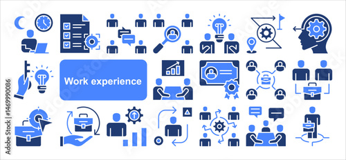 Work experience icon collection set. Overtime, Team communication, Job target, Job position, Problem solving, Simple flat vector.