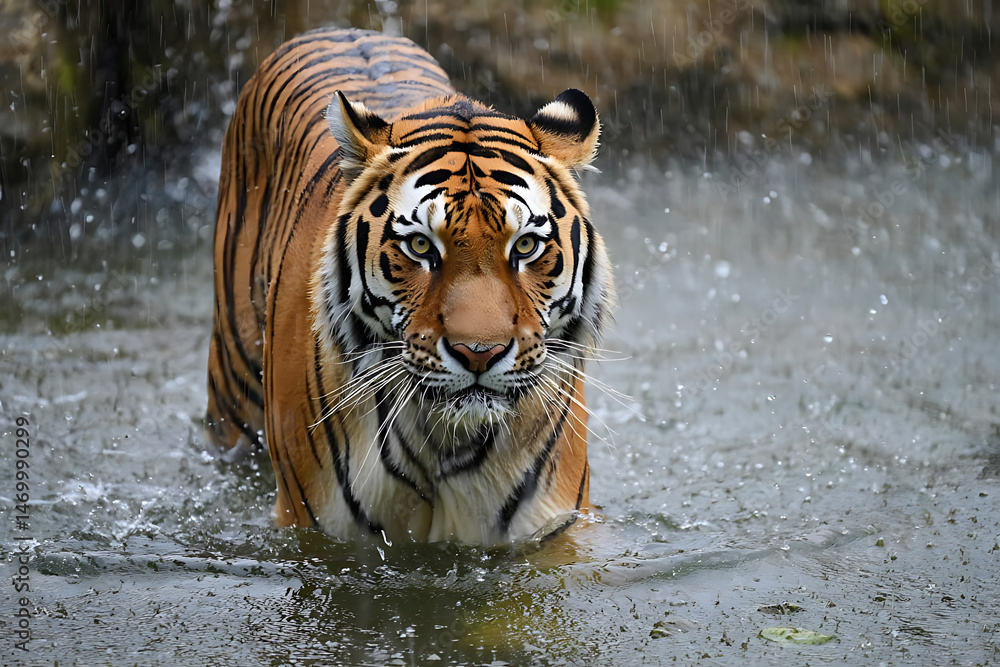 Fototapeta premium Powerful Bengal Tiger Walking Through a Rainy Forest Stream
