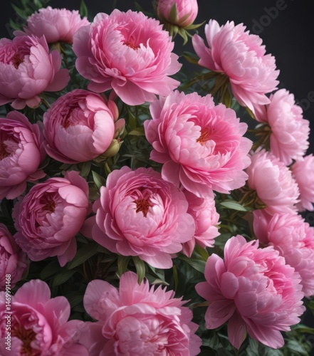 A vibrant arrangement of pink peonies & roses  Ideal for copy ,  product photography,  beautiful,  romantic