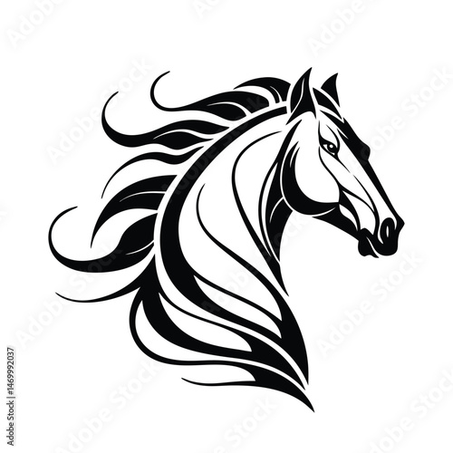 Beautiful Black Horse Head Vector Silhouette Illustration Cartoon, Clipart, Line Art Design on white background.