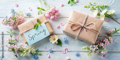 Springtime Gifts Wrapped in Rustic Paper with Delicate Blossoms and Pastel Flowers on a Wooden Surface