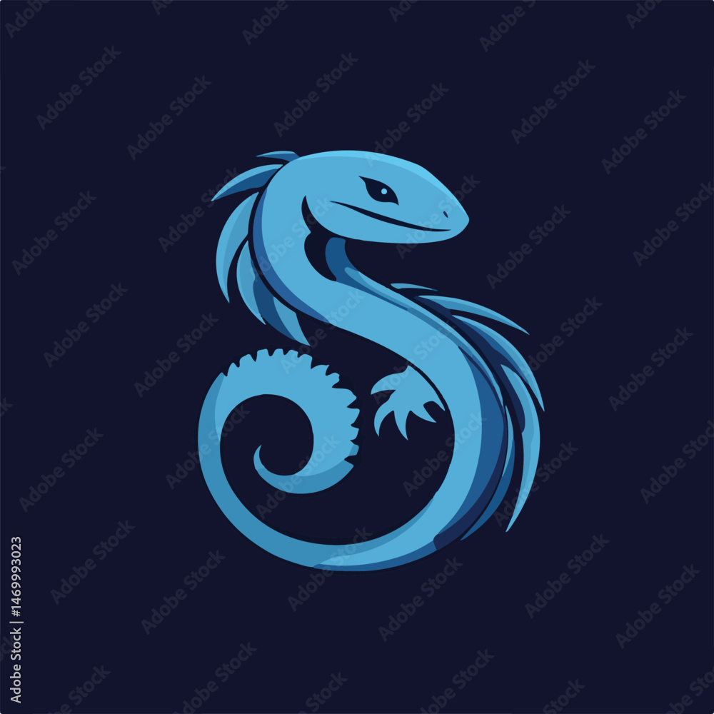 Naklejka premium Stylish Blue Lizard Design Curled With Elegant Shape On A Dark Background Minimalist Reptile