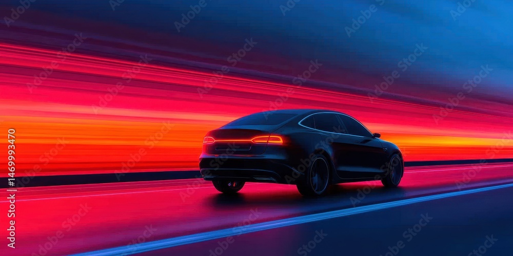 A sleek car speeds along a vibrant, colorful highway at sunset, leaving light trails in a futuristic landscape. A sleek car speeds along a vibrant, colorful highway at sunset, leaving light trails in a futuristic landscape.