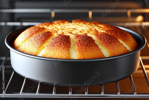 A cake pan rising in the oven while the top begins to golden