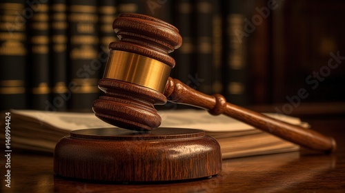Close-up of a gavel resting on legal documents, symbolizing legal dissent and judicial conflict. Courtroom justice, law and order, legal system concepts.
