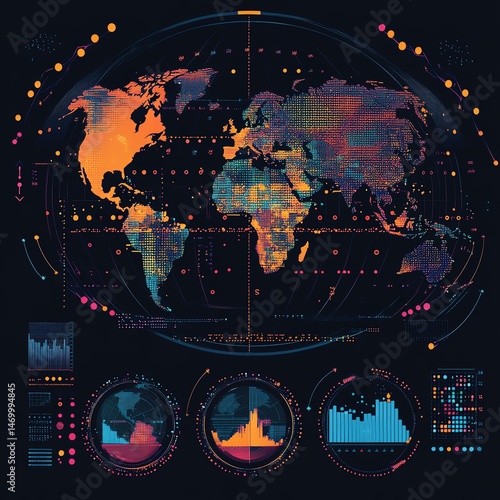 Abstract data visualization of a world map with charts and graphs in vibrant colors.