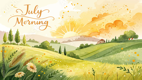 Sun-Kissed July Morning Watercolor Background – Golden Yellow & Green Field Splashes with Cheerful Summer Vibes & Copy Space"