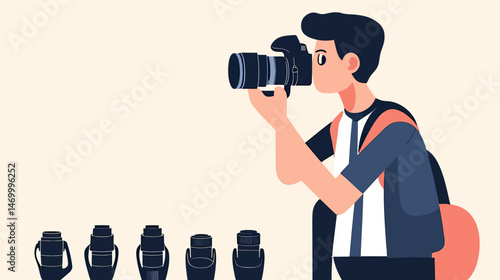 Young male photographer holding professional camera with zoom lens taking photos with additional camera lenses displayed below in flat minimalist vector style