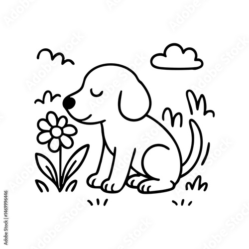 A dog gently sniffing a flower with eyes closed in bliss, surrounded by simple floral outlines and soft curves.