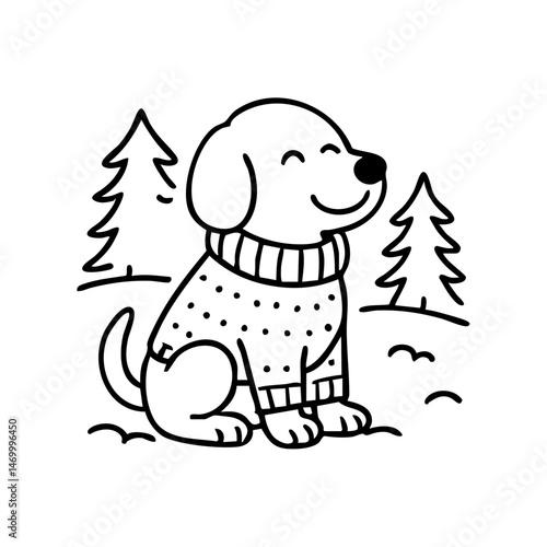 A content dog sitting proudly in a simple knitted sweater, smiling softly, floppy ears and tail peeking out.