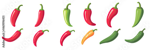 Set of red green chili peppers and one yellow chili hot spicy vegetable in flat minimalist style isolated on white background vector illustration