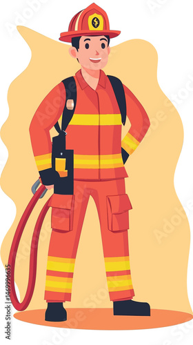Cartoon firefighter in full protective uniform with helmet holding fire hose and radio, flat minimalist vector illustration for emergency response concept