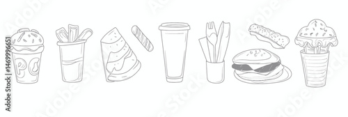 Outline set of fast food items including burger, fries, pizza slice, soft drink cup, cutlery, hot dog, and dessert in minimalist vector style