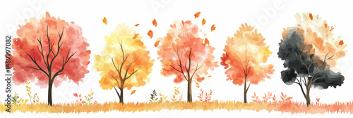 Colorful autumn trees with falling leaves in watercolor style landscape background vector illustration of vibrant fall foliage in warm orange yellow and red tones