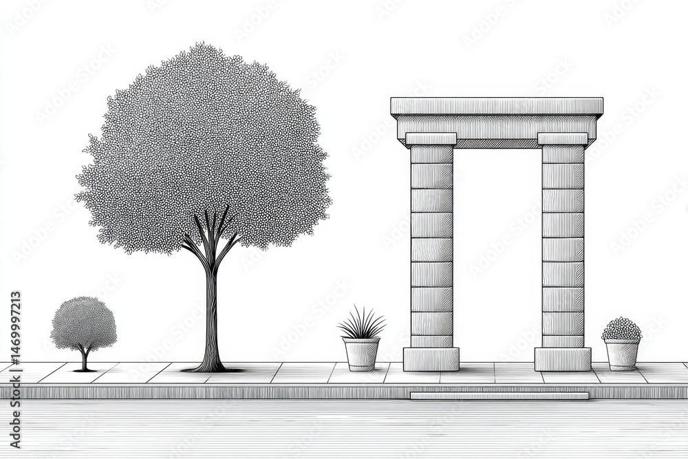 Fototapeta premium A minimalist line drawing of a temple gate with a single tree in the background