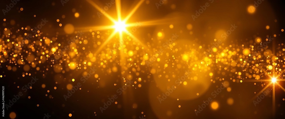 Shimmering gold dust and light flares on a black backdrop, space, universe Shimmering gold dust and light flares on a black backdrop, space, universe