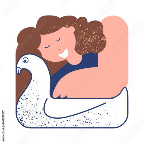 Summer. Woman swims on swan-shaped floating inflatable mattress. Flat geometric simple cartoon vector illustration.