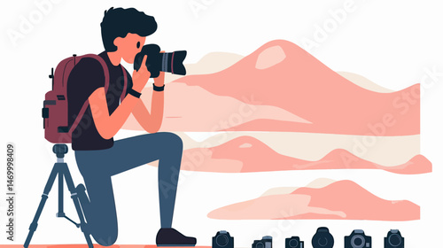 Photographer with backpack and camera kneeling on tripod capturing scenic mountain landscape in minimalist flat vector style illustration