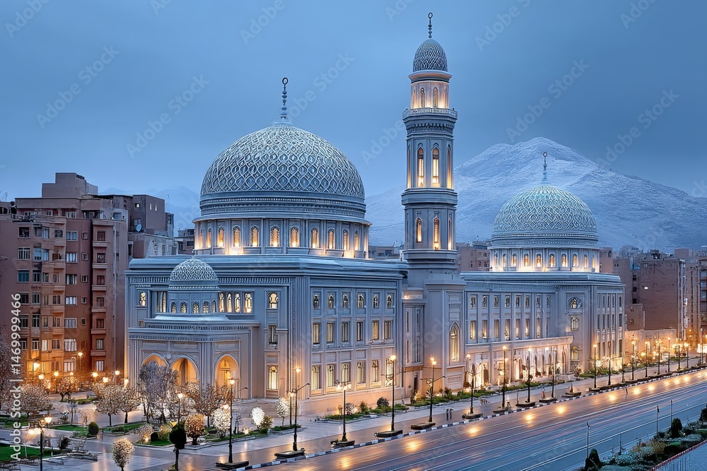 Obraz premium A rooftop view of a Middle Eastern city with domed architecture and evening prayers echoing