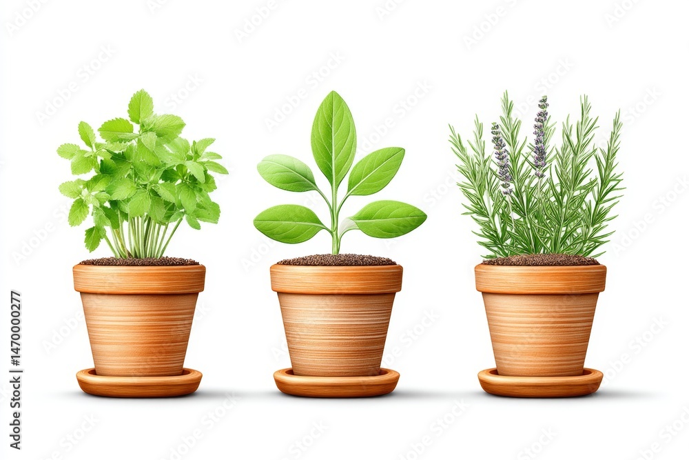 Fototapeta premium A simple depiction of three herbs in labeled pots placed evenly in a row