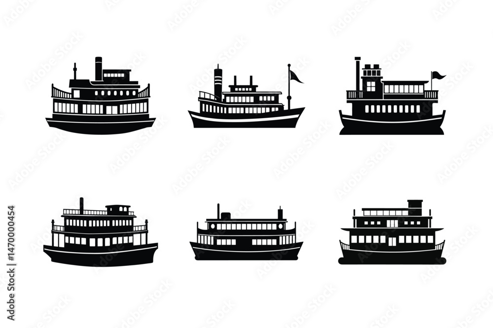 Obraz premium Steamboat silhouette vector illustration, Set of Steamboat silhouette