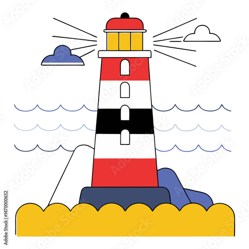  Seaside Lighthouse Vector , Orange and White Tower with Waves and Clouds
