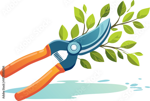 Modern flat-style pruning shears with orange handles cutting green plant branches, surrounded by simple nature elements.