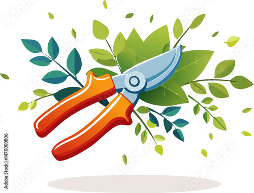 Flat illustration of gardening shears trimming leafy branches on a white background. A vibrant and minimalistic plant care concept.