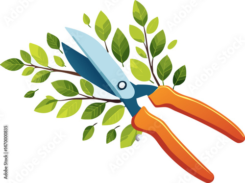 Illustrated gardening shears with shiny blades and fresh green leaves in a playful, flat cartoon design on white background.
