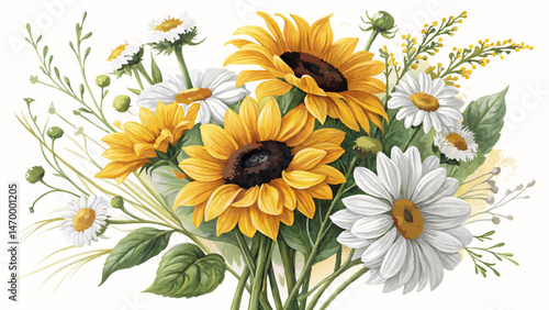 Wallpaper Mural Bouquet of Fresh Sunflowers & Daisies on Clean White Background – Vibrant Summer Floral Styling with Copy Space Torontodigital.ca