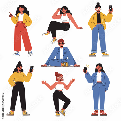 Fashion Forward Figures: A collection of stylish individuals showcase contemporary clothing and accessories, each with a distinct pose and expression