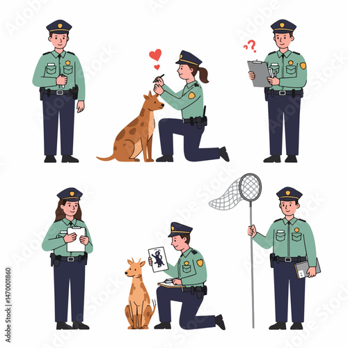 Police Officer and animal illustration: Collection of illustrated scenes showcasing law enforcement officers interacting with various animals, highlighting compassion and duty. 
