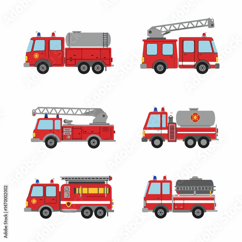 Fire Engine Fleet: A collection of stylized fire engine illustrations, each showcasing the diverse designs of emergency response vehicles.