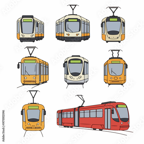 Modern Tram Collection: A collection of contemporary trams, each depicted in a dynamic, eye-catching design, showcasing diverse styles and color schemes for urban transit solutions.