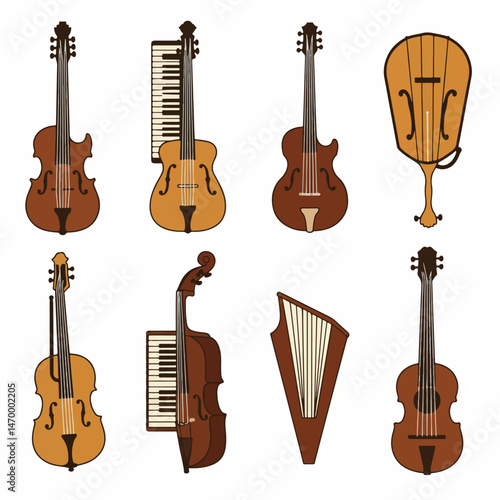 A Symphony of Strings: An artistic arrangement of various string instruments including violins, guitars, and cello, each with unique charm and structure