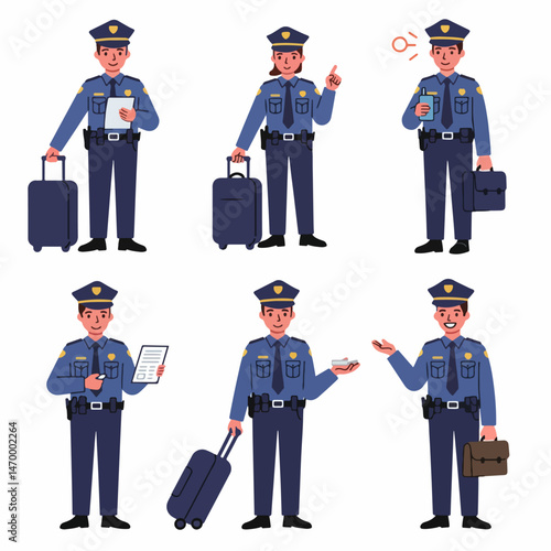 Police officer collection: A compilation of diverse police officers showcasing varied actions, conveying authority and assistance, ideal for illustrating security, community service.