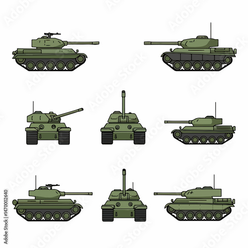 Military Tanks illustration: An illustration of several military tanks showcases various angles and designs, embodying power and strength.