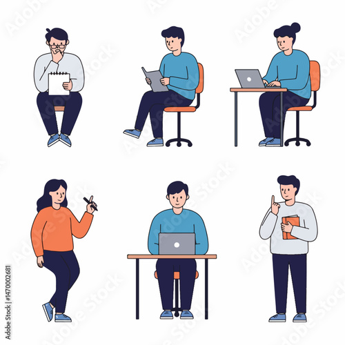Diverse Workplace Characters: A collection of six diverse workplace characters, depicted in vector format. Each character is engaged in a different activity.
