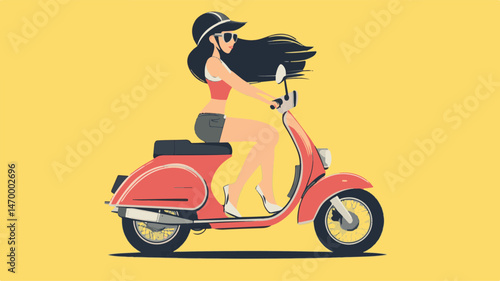Young Woman Riding Red Scooter On Summer Vacation With Windblown Hair On Yellow Background