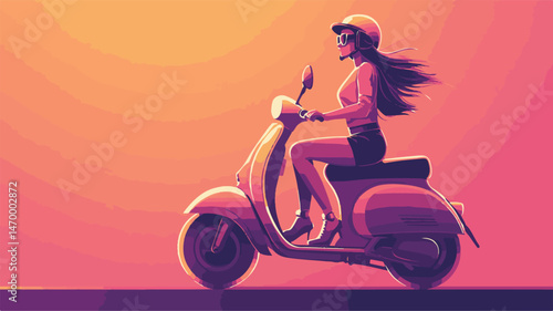 Young Woman Rides Vintage Scooter Against Sunset Sky With Flowing Hair In Vector Style