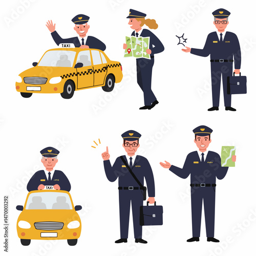 Taxi Driver and Officer Set: A collection of illustrations presenting various taxi drivers and officers, showcasing their profession and roles with symbolic elements. 