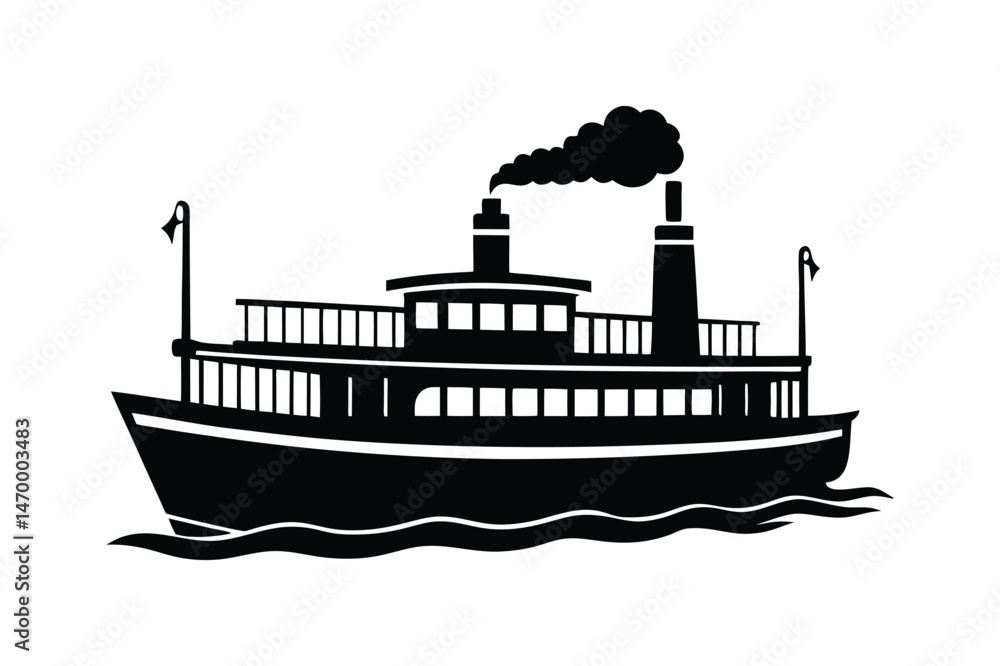 Obraz premium Steamboat silhouette vector illustration, Set of Steamboat silhouette