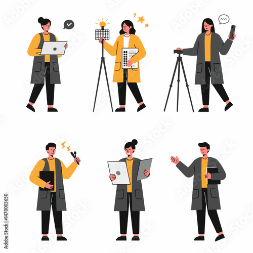 Diverse Movie Makers: An illustrative display of individuals, each in a distinct pose with their tools, ready to embark on movie making