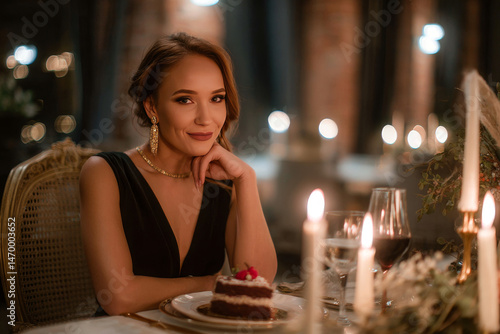 Stylish woman in evening dress at candlelit dinner table with cake, celebrating 30th birthday in upscale restaurant, warm luxury ambiance
Generative AI