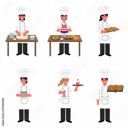 Baking Chef's Culinary Scene: A chef's illustration depicts various culinary tasks: from kneading dough and assembling cake to preparing and serving baked goods with finesse and flavor.