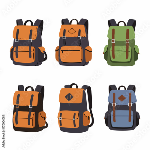 Adventurer's Companion: A collection of meticulously designed backpacks, each boasting unique details and vibrant color schemes, are artfully presented, symbolizing readiness for outdoor adventure.