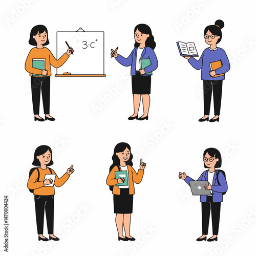 Diverse Female Students: Six diverse female students in various poses showcasing different learning styles and activities.