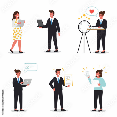 Modern Business Set: A vibrant compilation showcases professionals engaged in various business activities. A diverse collection, perfect for illustrating workplace concepts.
