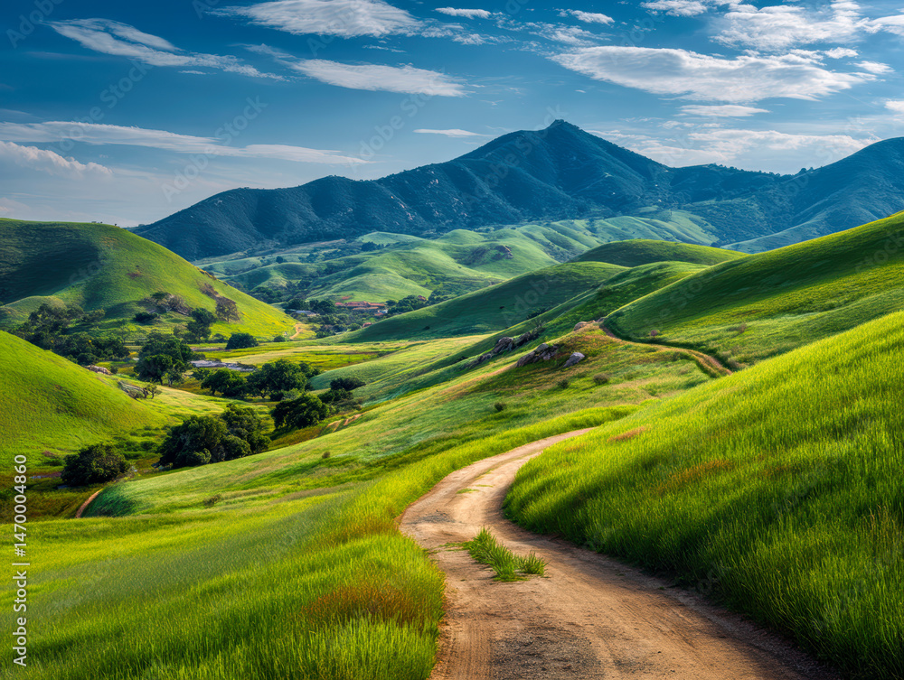Rolling Green Hills Landscape with Dirt Path and Mountain View Rolling Green Hills Landscape with Dirt Path and Mountain View